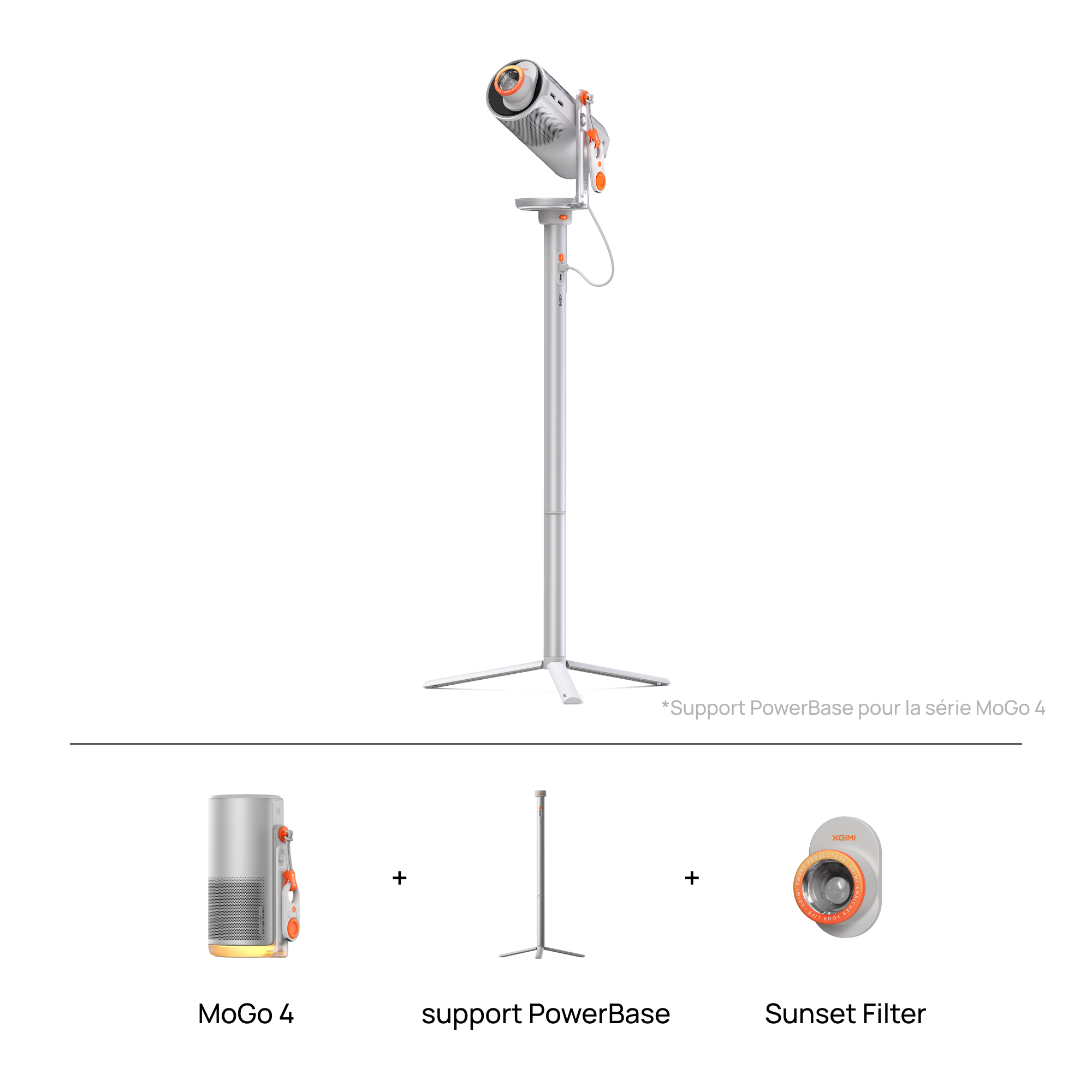 XGIMI MoGo 4 + PowerBase Stand Set : Un projecteur intelligent 1080p compact avec un pied de sol doté d'une batterie intégrée pour une durée de lecture prolongée.