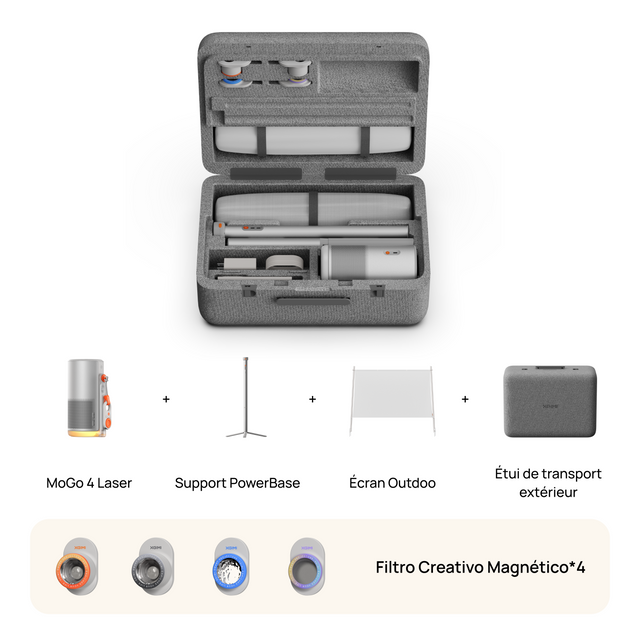 La collection XGIMI MoGo 4 Laser Outdoor se compose d'un projecteur laser portable, d'un socle PowerBase, d'un écran extérieur, d'une mallette de transport et de quatre filtres.
